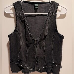 Black Studded Denim Zip-Front Vest